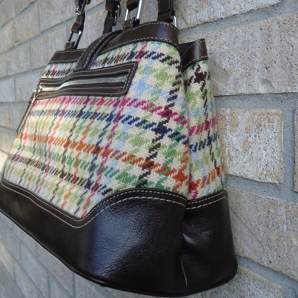 COACH Brown Leather and Plaid Wool Satchel - Picture 4 of 16